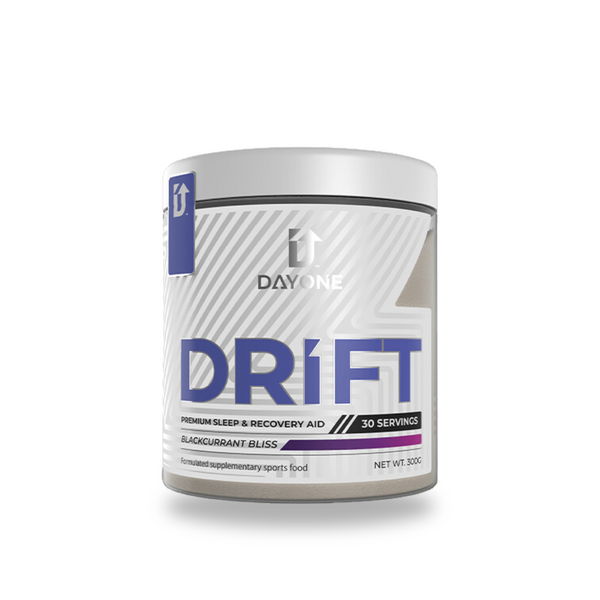 Day One Drift sleep and recovery aid supplement in blackcurrant bliss flavor, available in a 30-serving container, supporting restful sleep and muscle recovery.