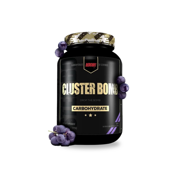 Cluster Bomb carbohydrate supplement with grape flavor, formulated to boost energy and endurance, available at Muscle House Australia.